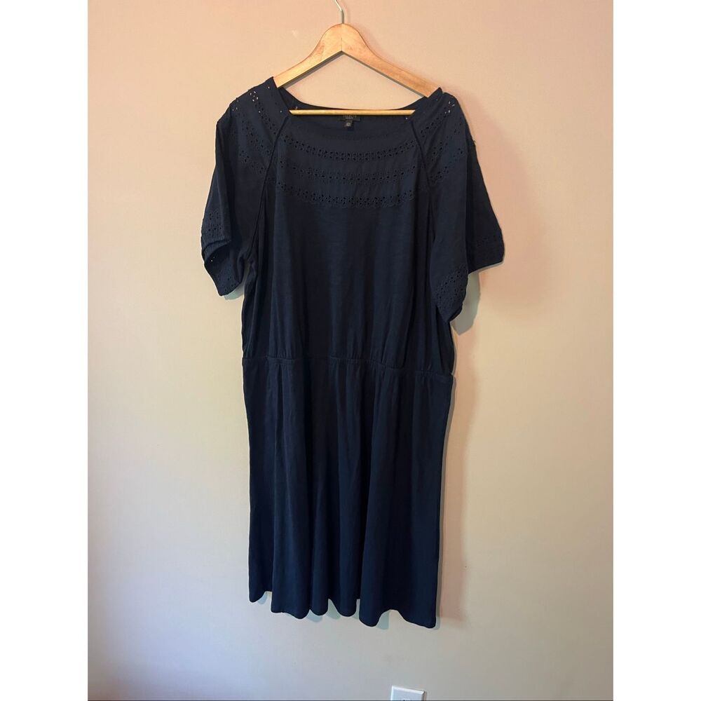 Talbots Plus Petite 2XP Navy Blue Eyelet Yoke Dress Cotton Modal Knit Short Slee - Picture 4 of 8